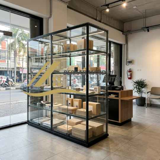 Showcase Kaca Custom Depok Tempered Tahan Benturan Awet